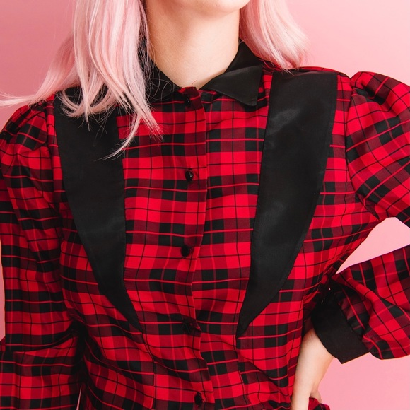 Vintage Red Plaid Tuxedo Style Blouse S - Picture 5 of 5